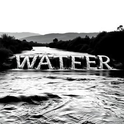 A realistic black and white image depicting a gentle river flowing through a serene landscape, with the water creatively forming the word 'WATER' as it cascades