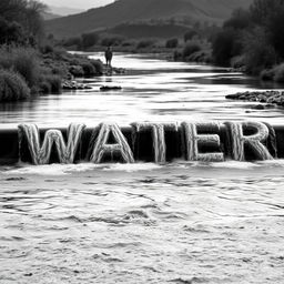 A realistic black and white image depicting a gentle river flowing through a serene landscape, with the water creatively forming the word 'WATER' as it cascades
