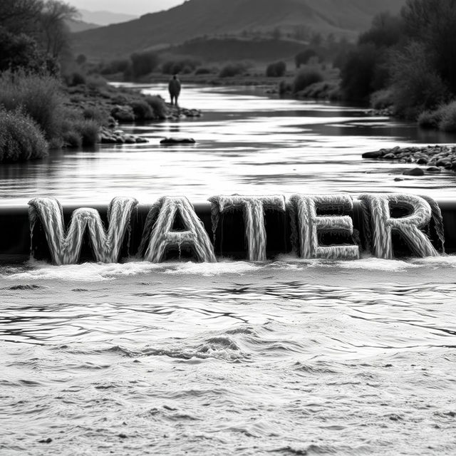 A realistic black and white image depicting a gentle river flowing through a serene landscape, with the water creatively forming the word 'WATER' as it cascades