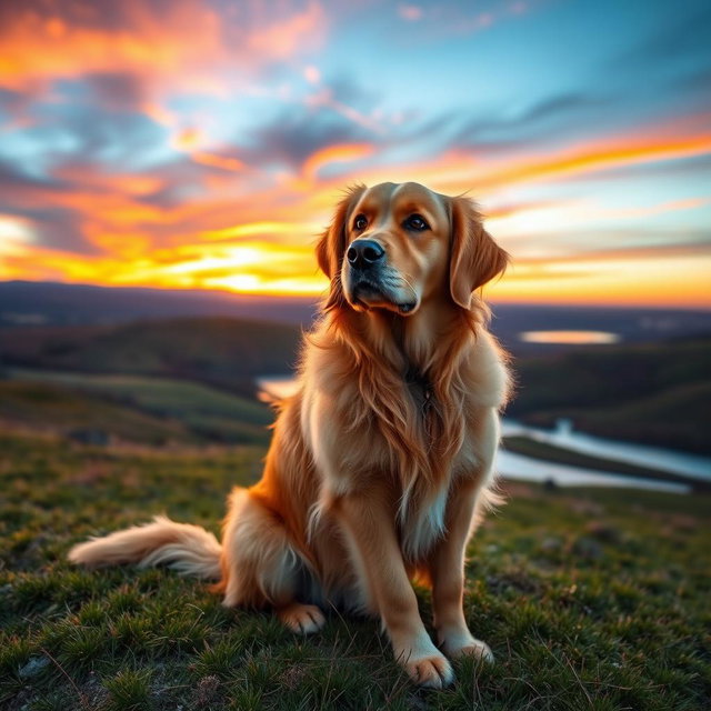 A majestic golden retriever sitting gracefully on a grassy hilltop, gazing out at a breathtaking sunset with vibrant hues of orange, purple, and pink in the sky
