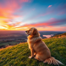 A majestic golden retriever sitting gracefully on a grassy hilltop, gazing out at a breathtaking sunset with vibrant hues of orange, purple, and pink in the sky