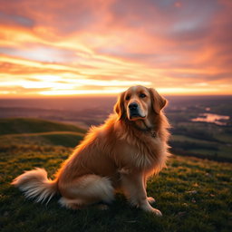 A majestic golden retriever sitting gracefully on a grassy hilltop, gazing out at a breathtaking sunset with vibrant hues of orange, purple, and pink in the sky