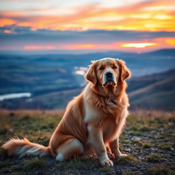 A majestic golden retriever sitting gracefully on a grassy hilltop, gazing out at a breathtaking sunset with vibrant hues of orange, purple, and pink in the sky