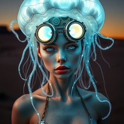 An ethereal cyborg woman with a bioluminescent jellyfish headdress, featuring steampunk goggles that blend seamlessly with translucent jellyfish tentacles