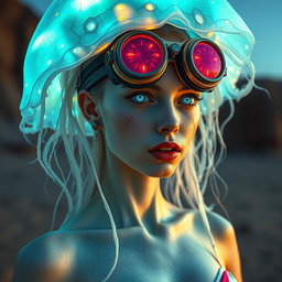An ethereal cyborg woman with a bioluminescent jellyfish headdress, featuring steampunk goggles that blend seamlessly with translucent jellyfish tentacles