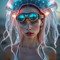 An ethereal cyborg woman with a bioluminescent jellyfish headdress, featuring steampunk goggles that blend seamlessly with translucent jellyfish tentacles