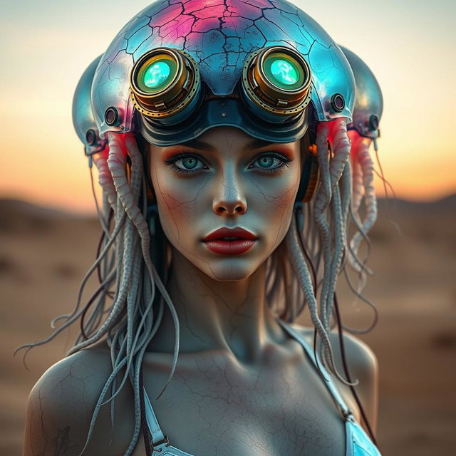 An ethereal cyborg woman with a bioluminescent jellyfish headdress, featuring steampunk goggles that blend seamlessly with translucent jellyfish tentacles