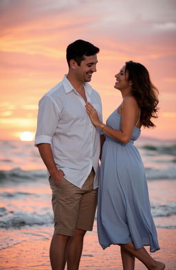 A romantic scene featuring a man and a woman enjoying a sunset on a beach