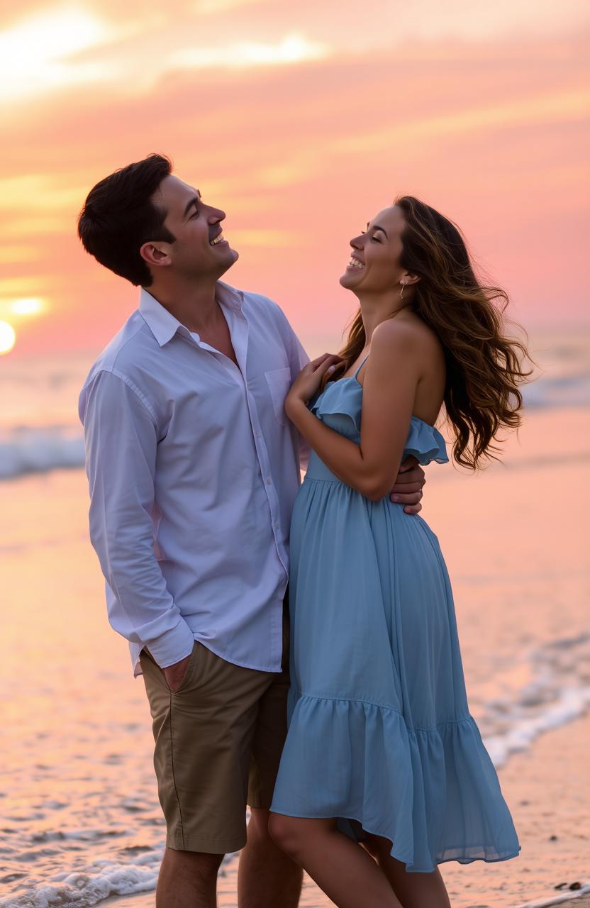 A romantic scene featuring a man and a woman enjoying a sunset on a beach