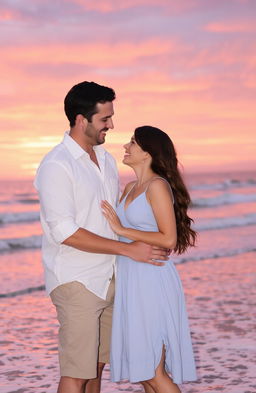 A romantic scene featuring a man and a woman enjoying a sunset on a beach
