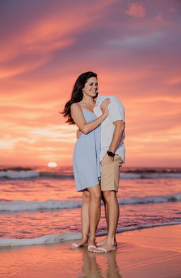 A romantic scene featuring a man and a woman enjoying a sunset on a beach