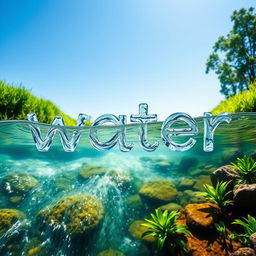 A serene image of a clear stream flowing gently through a lush green landscape, with the water skillfully shaping the word 'water' as it moves downstream