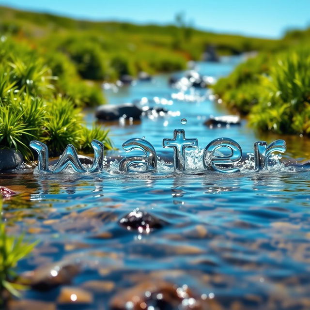 A serene image of a clear stream flowing gently through a lush green landscape, with the water skillfully shaping the word 'water' as it moves downstream