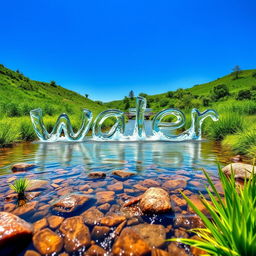 A serene image of a clear stream flowing gently through a lush green landscape, with the water skillfully shaping the word 'water' as it moves downstream