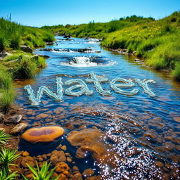 A serene image of a clear stream flowing gently through a lush green landscape, with the water skillfully shaping the word 'water' as it moves downstream