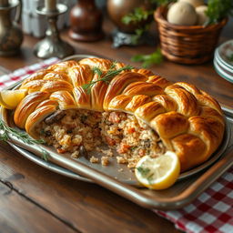 A beautifully arranged tray of Kulebyaka, a traditional Russian dish that resembles a stuffed pie