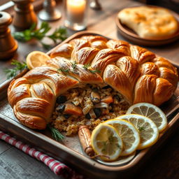 A beautifully arranged tray of Kulebyaka, a traditional Russian dish that resembles a stuffed pie