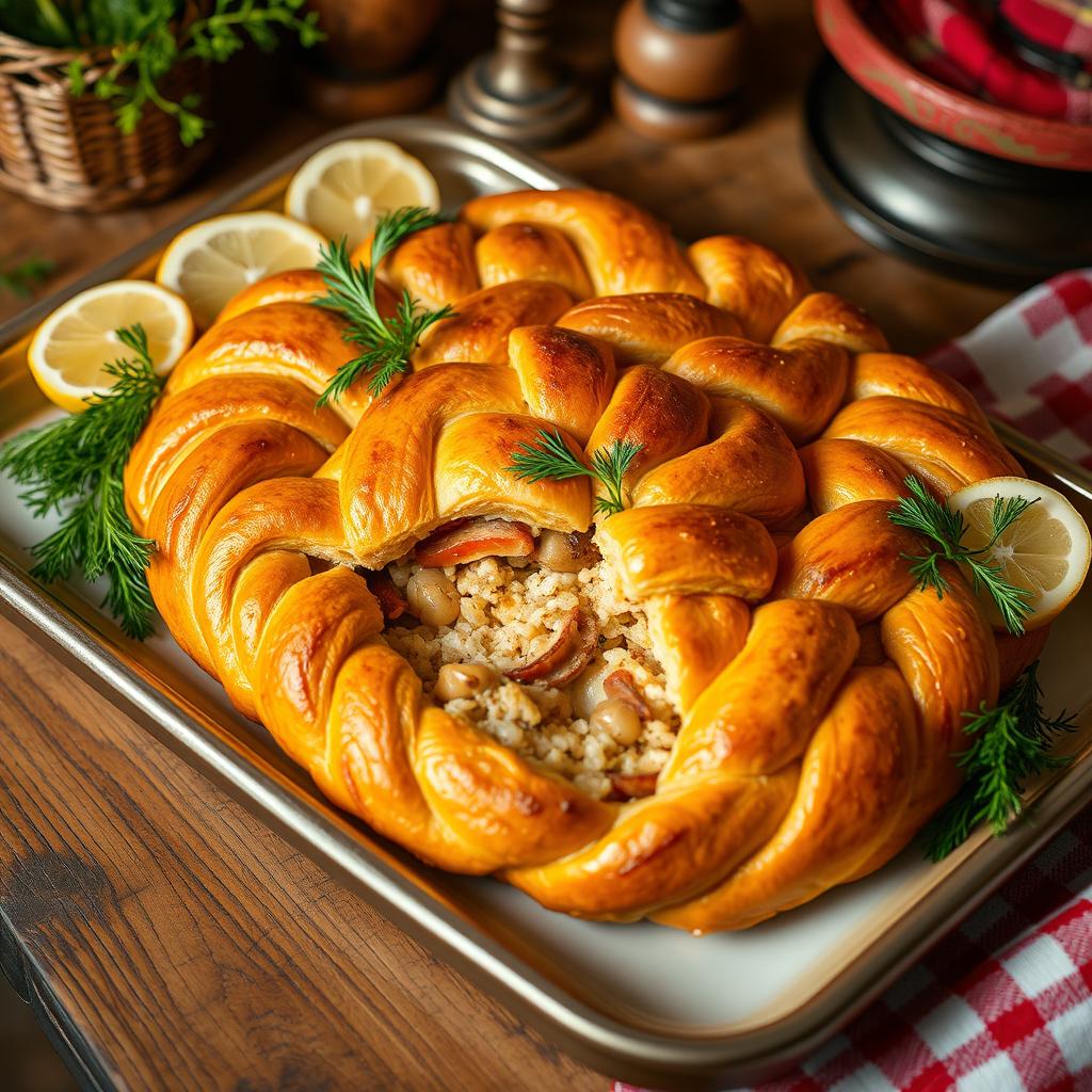 A beautifully arranged tray of Kulebyaka, a traditional Russian dish that resembles a stuffed pie