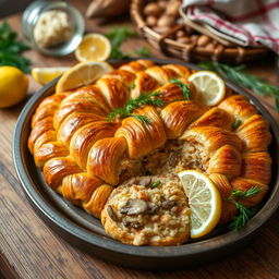 A beautifully arranged tray of Kulebyaka, a traditional Russian dish that resembles a stuffed pie