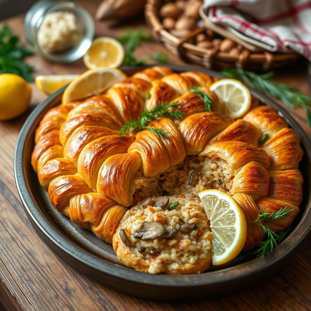 A beautifully arranged tray of Kulebyaka, a traditional Russian dish that resembles a stuffed pie