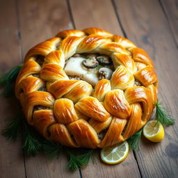 An elegant and beautifully arranged Kulebyaka, a traditional Russian fish pie
