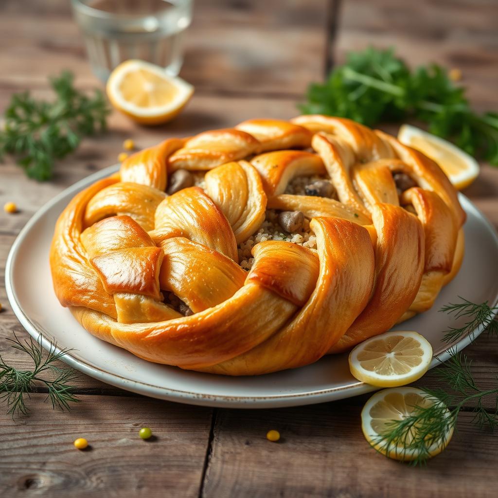 An elegant and beautifully arranged Kulebyaka, a traditional Russian fish pie