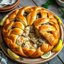 An elegant and beautifully arranged Kulebyaka, a traditional Russian fish pie