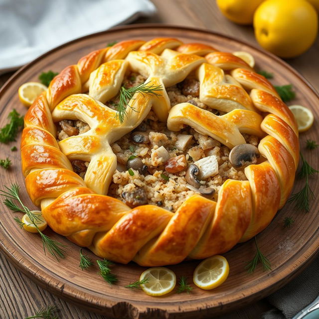 An elegant and beautifully arranged Kulebyaka, a traditional Russian fish pie