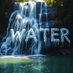 A breathtaking scene of a majestic waterfall, with clear, cascading water tumbling down rocky cliffs and skillfully forming the letters of the word 'WATER' as it splashes into a serene pool below