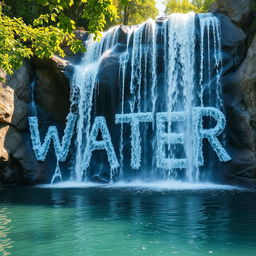 A breathtaking scene of a majestic waterfall, with clear, cascading water tumbling down rocky cliffs and skillfully forming the letters of the word 'WATER' as it splashes into a serene pool below