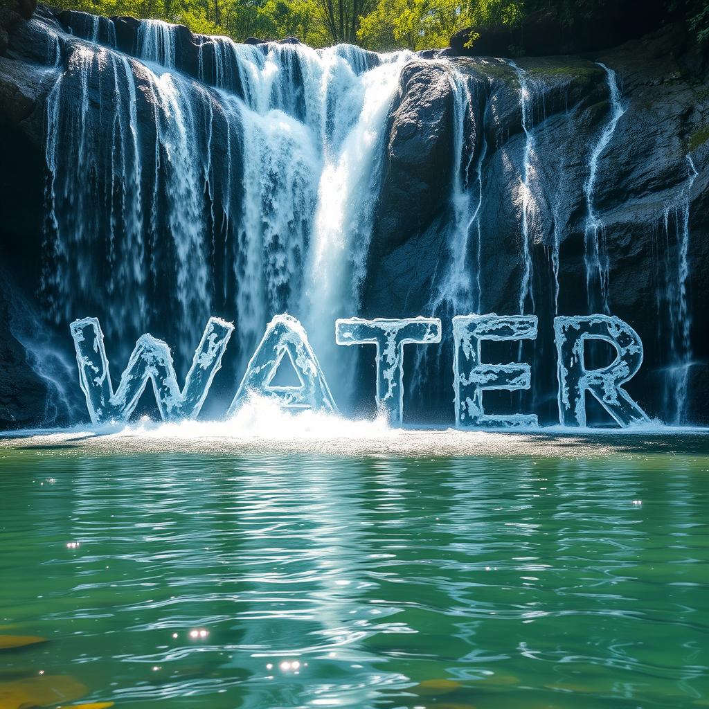 A breathtaking scene of a majestic waterfall, with clear, cascading water tumbling down rocky cliffs and skillfully forming the letters of the word 'WATER' as it splashes into a serene pool below