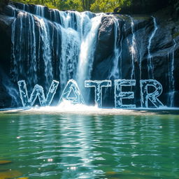 A breathtaking scene of a majestic waterfall, with clear, cascading water tumbling down rocky cliffs and skillfully forming the letters of the word 'WATER' as it splashes into a serene pool below
