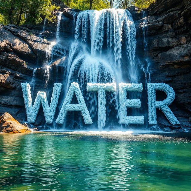 A breathtaking scene of a majestic waterfall, with clear, cascading water tumbling down rocky cliffs and skillfully forming the letters of the word 'WATER' as it splashes into a serene pool below