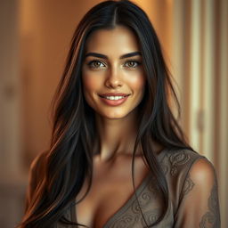 A stunning portrait of Sara Sampaio, the famous model, featuring her long dark hair cascading over her shoulders