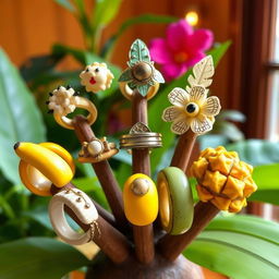 A whimsical, vibrant image showcasing a unique collection of banana rings, with various styles and designs displayed elegantly