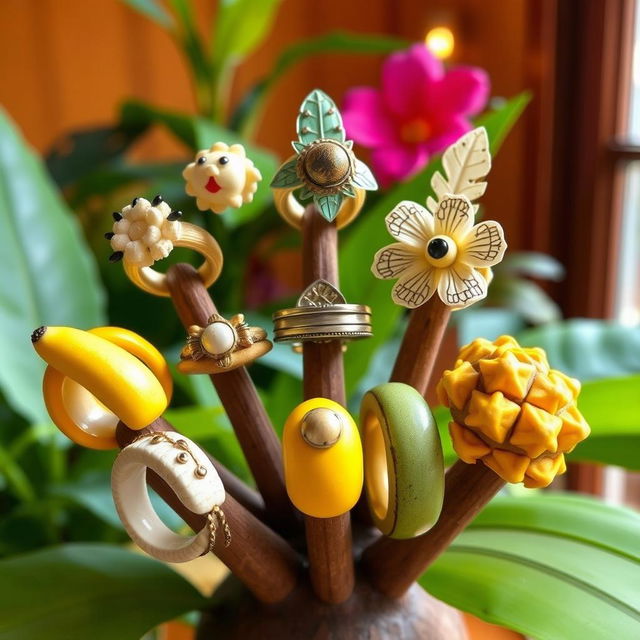 A whimsical, vibrant image showcasing a unique collection of banana rings, with various styles and designs displayed elegantly