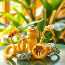 A whimsical, vibrant image showcasing a unique collection of banana rings, with various styles and designs displayed elegantly
