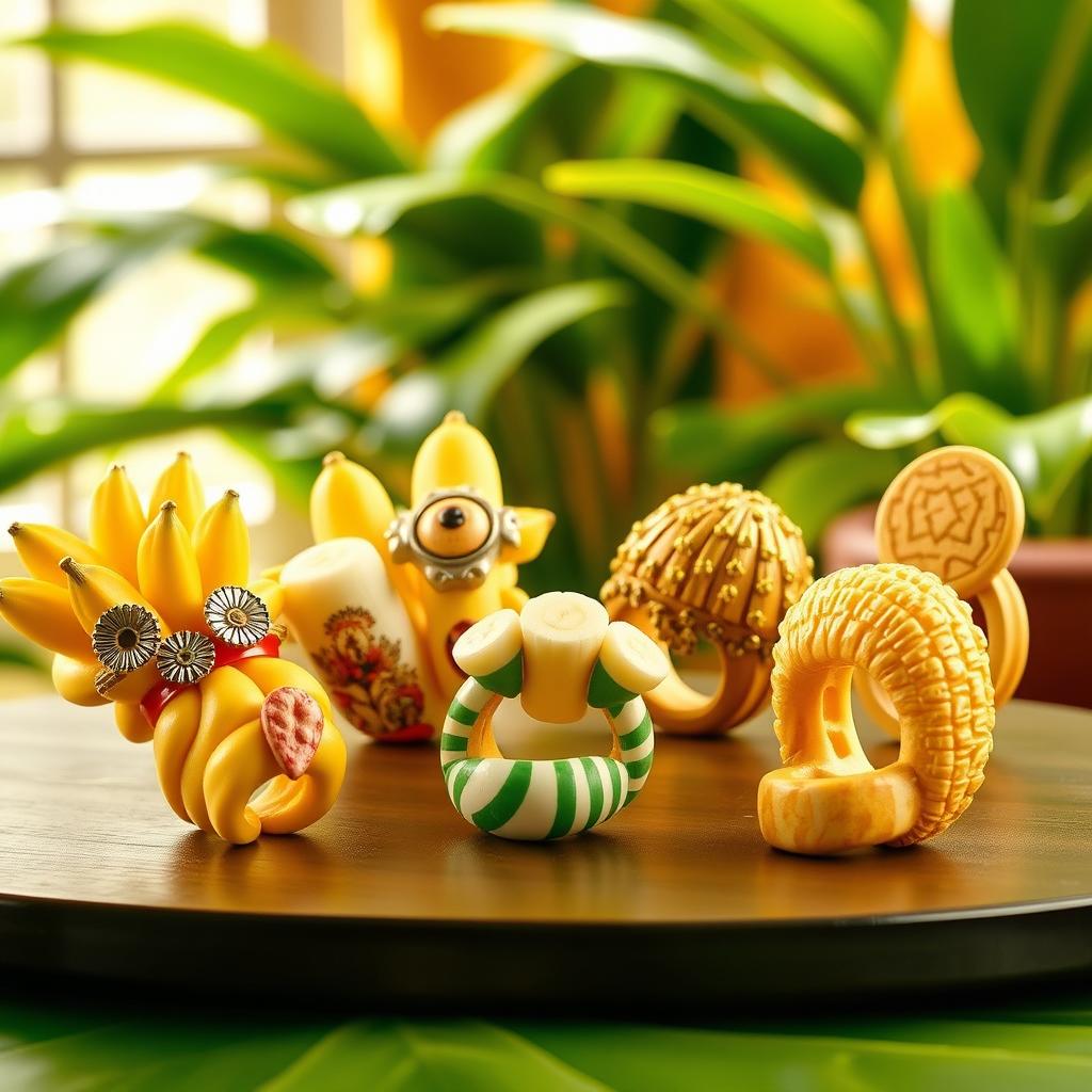 A whimsical, vibrant image showcasing a unique collection of banana rings, with various styles and designs displayed elegantly