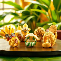 A whimsical, vibrant image showcasing a unique collection of banana rings, with various styles and designs displayed elegantly