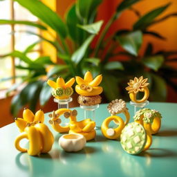 A whimsical, vibrant image showcasing a unique collection of banana rings, with various styles and designs displayed elegantly