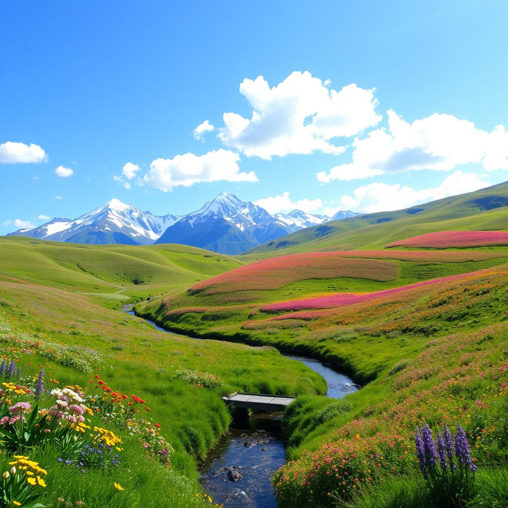 A serene and picturesque landscape with rolling hills covered in vibrant wildflowers, under a clear blue sky dotted with fluffy white clouds