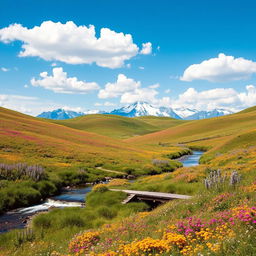 A serene and picturesque landscape with rolling hills covered in vibrant wildflowers, under a clear blue sky dotted with fluffy white clouds