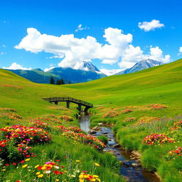 A serene and picturesque landscape with rolling hills covered in vibrant wildflowers, under a clear blue sky dotted with fluffy white clouds