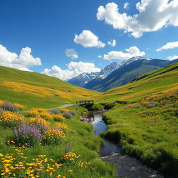 A serene and picturesque landscape with rolling hills covered in vibrant wildflowers, under a clear blue sky dotted with fluffy white clouds
