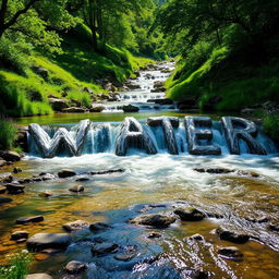 A serene landscape depicting a crystal-clear stream flowing down a lush green valley