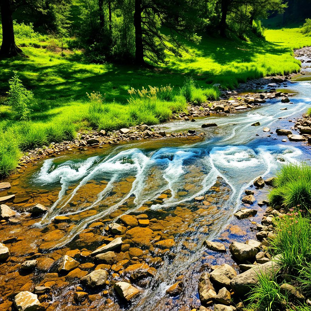 A serene landscape depicting a crystal-clear stream flowing down a lush green valley