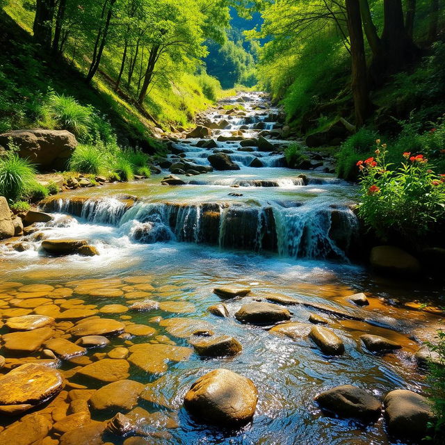 A serene landscape depicting a crystal-clear stream flowing down a lush green valley
