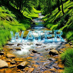 A serene landscape depicting a crystal-clear stream flowing down a lush green valley