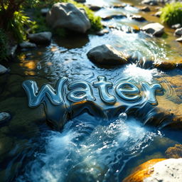 A serene landscape featuring a crystal clear stream with water flowing gracefully down in multiple paths that intricately shape the word 'Water' within the scene