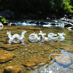 A serene landscape featuring a crystal clear stream with water flowing gracefully down in multiple paths that intricately shape the word 'Water' within the scene